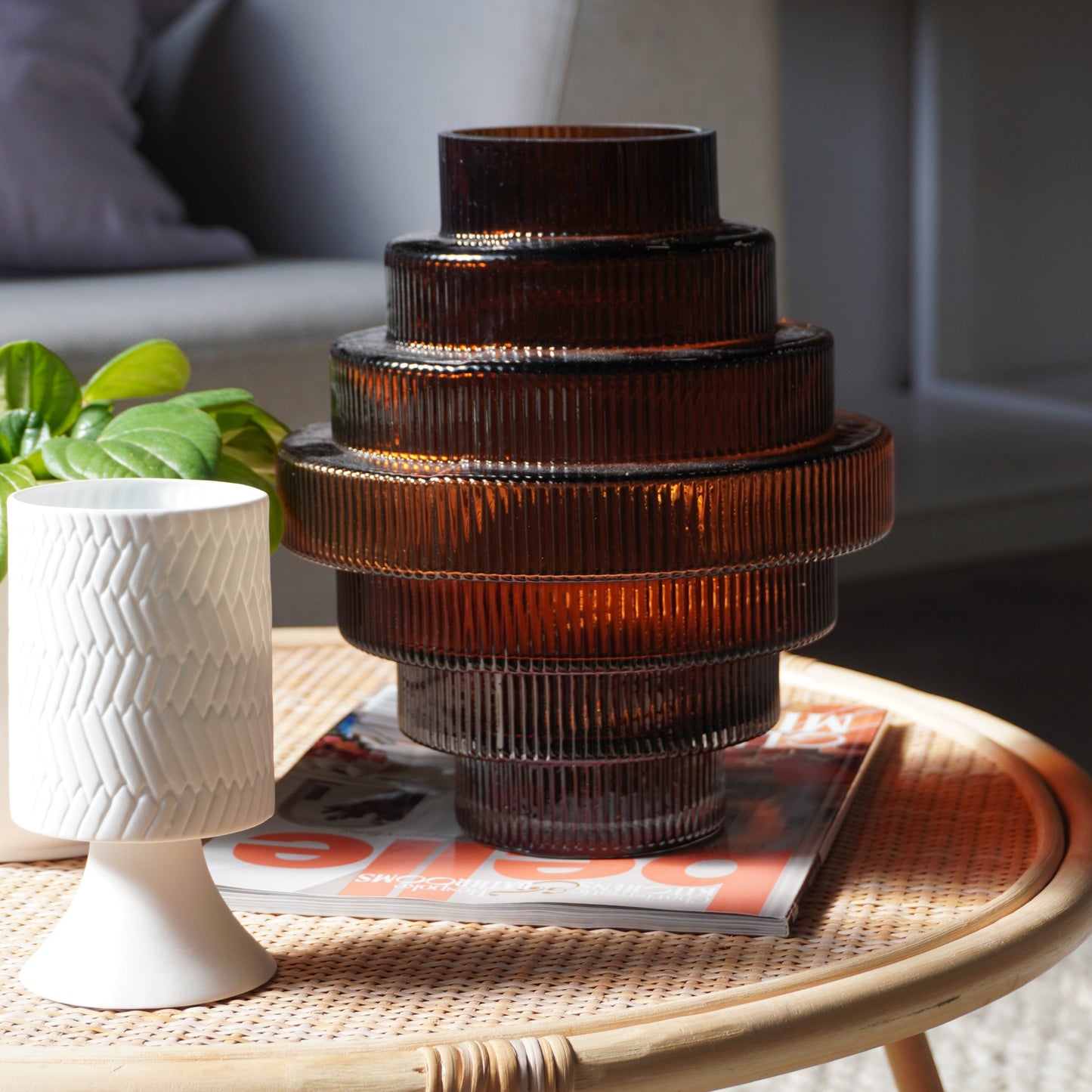 California Ribbed Glass Vase in Amber Brown